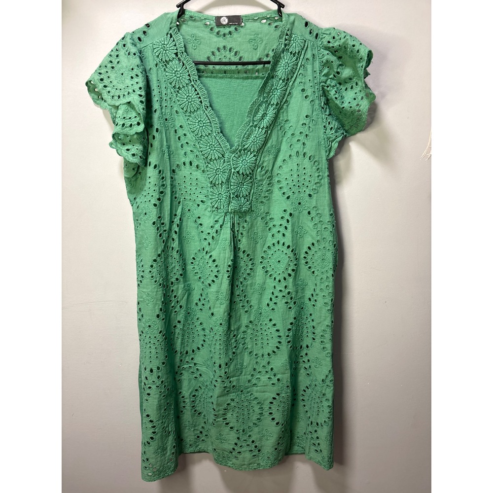 Italian Kelly Green Eyelet‎ Cotton Shift Dress Crochet V-Neck Flutter Sleeve XS